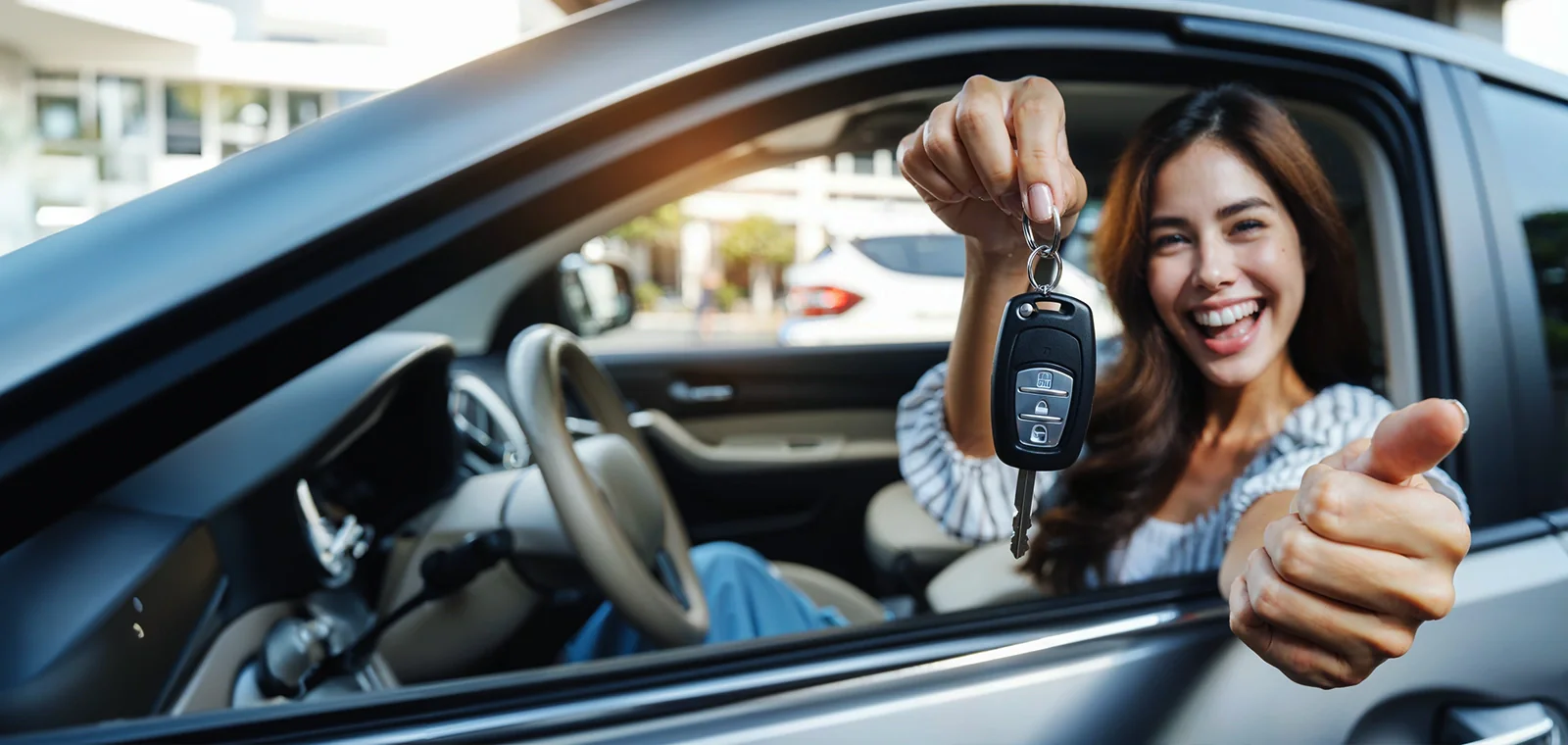 Happy woman showing the keys to the new car bought with auto credit