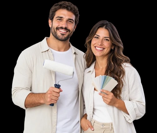 Fotografía ilustrativa de una pareja con un rodillo de pintura y muestras de color