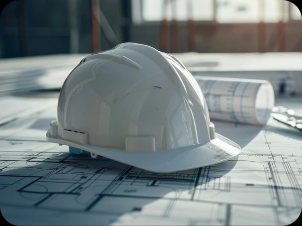 Casco de obra sobre los planos de la construcción