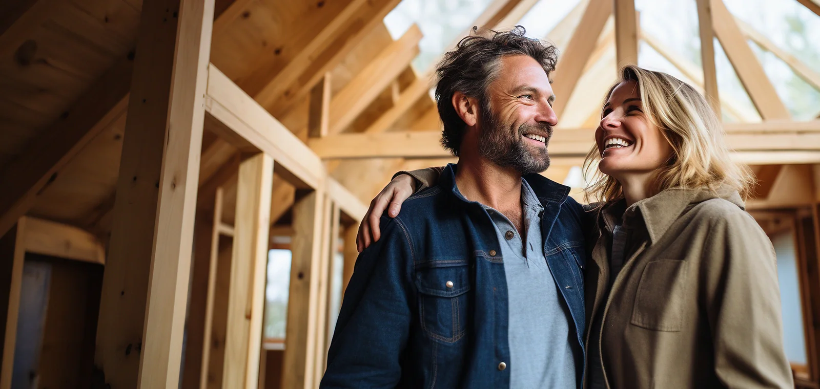 Pareja visitando la estructura de madera de la casa en construcción