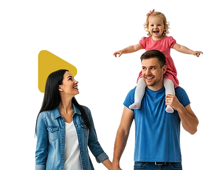 Family with the daughter on the father's shoulders, protected by life insurance