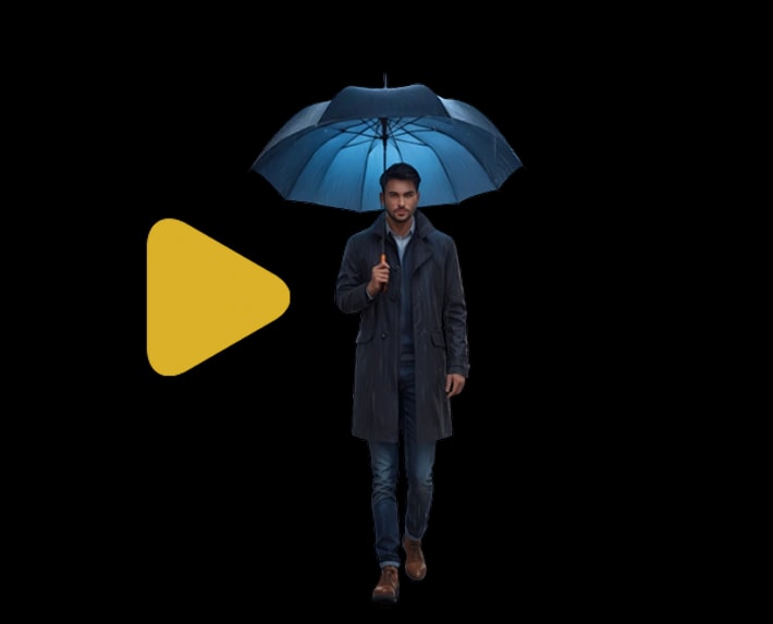 Mann, der durch einen Regenschirm vor Regen geschützt ist, Symbol der Unfallversicherung
