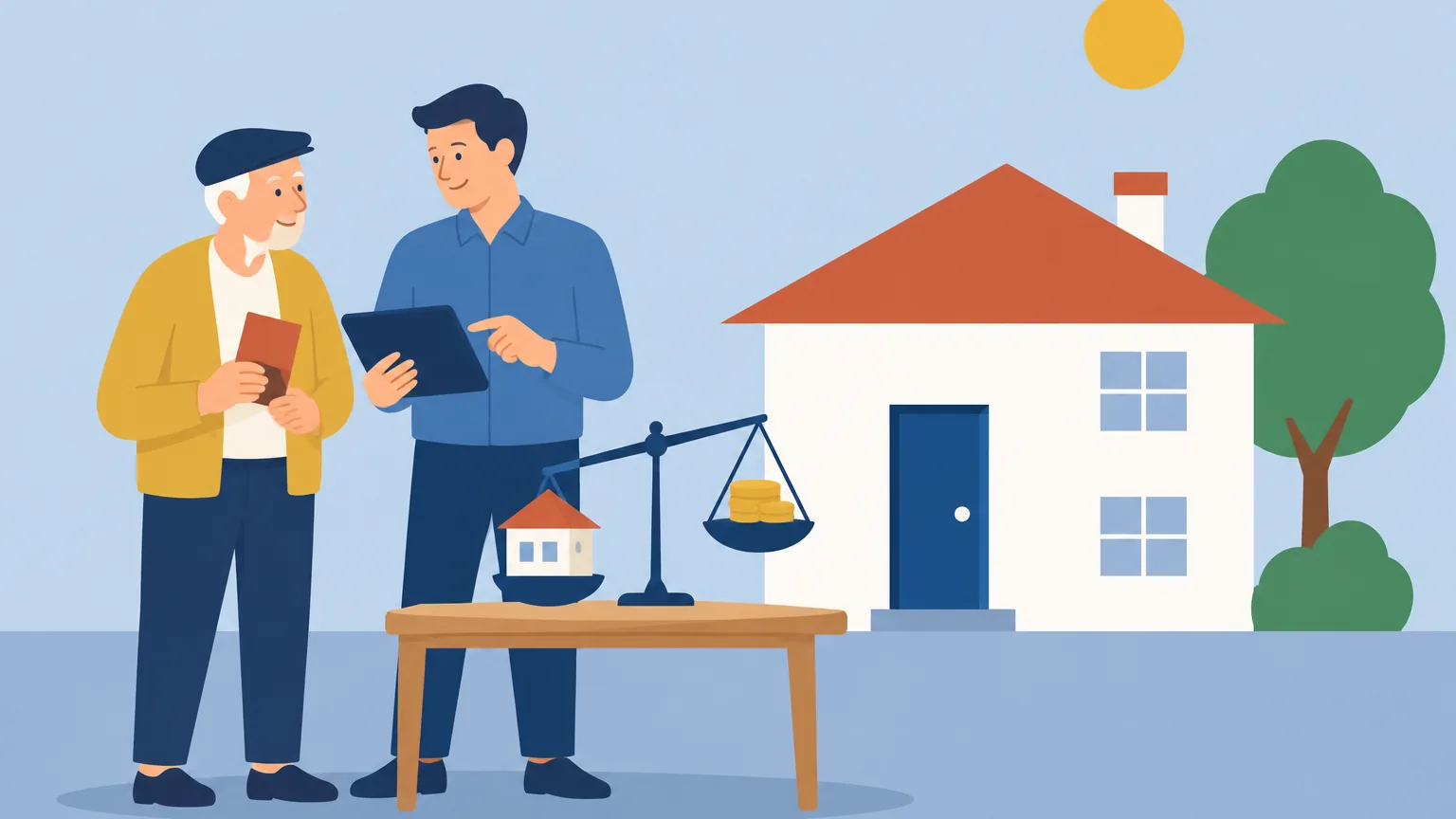 Illustration of Alberto in front of the old house, with the property record