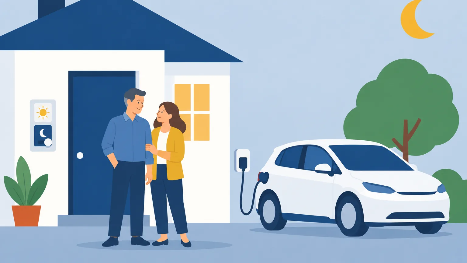 Ilustração do Baltazar e da Irene em casa, à noite, com o carro elétrico a carregar