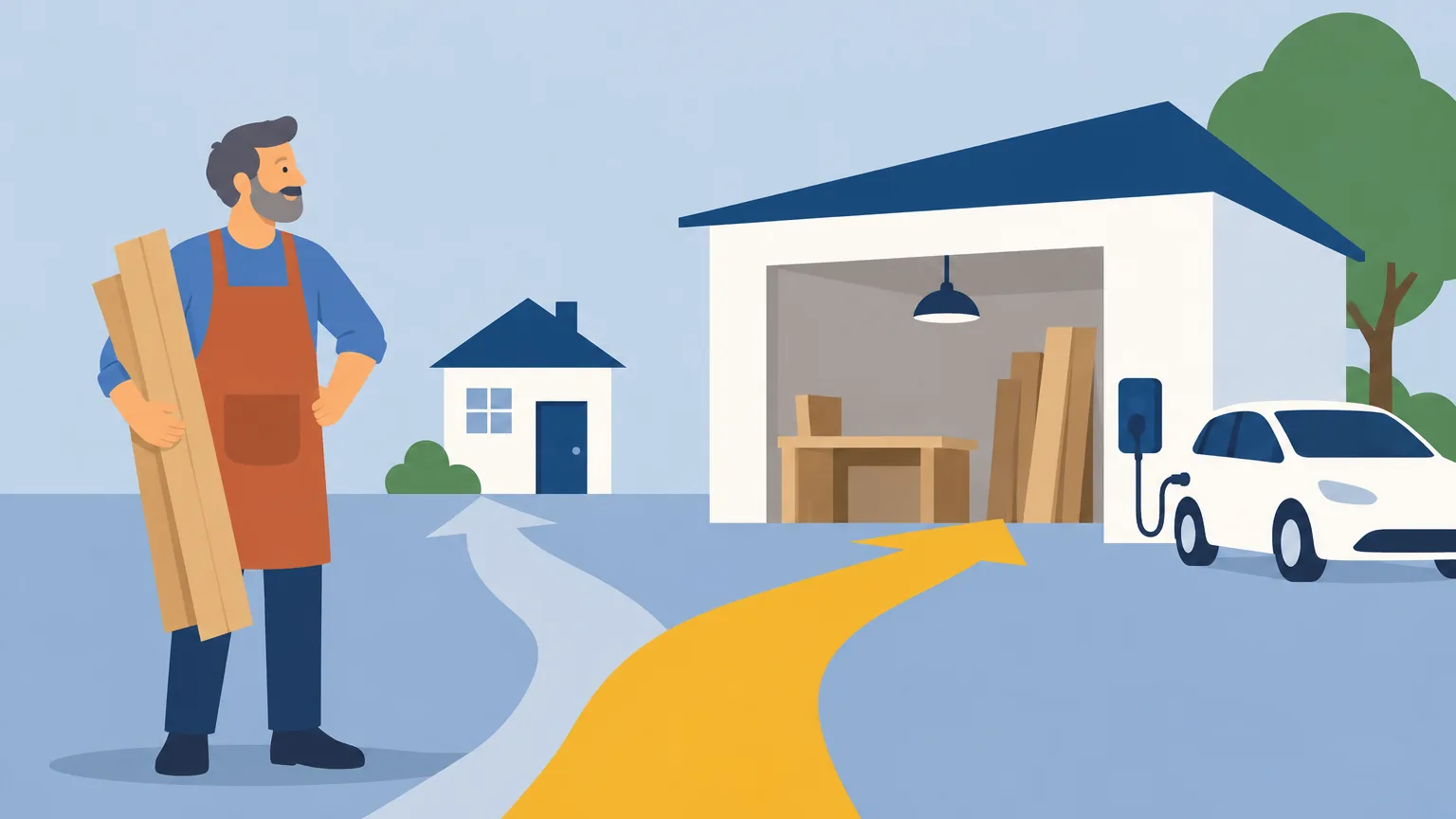 Illustration: Bernardo's carpentry with an electric car charging at the door
