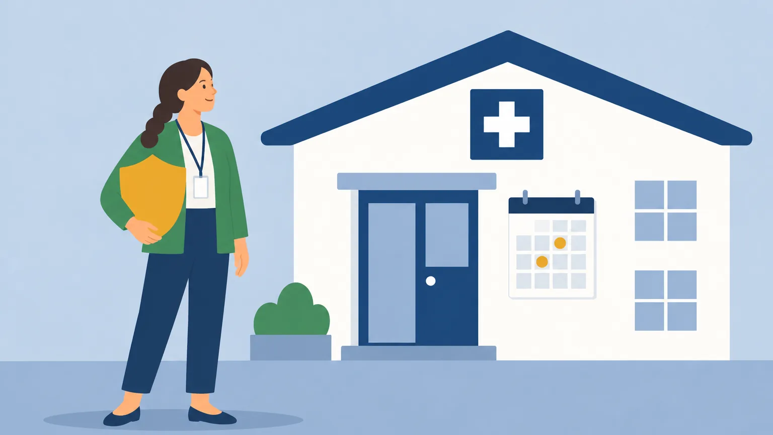 Ilustração da Bianca junto a uma clínica, com um escudo de proteção