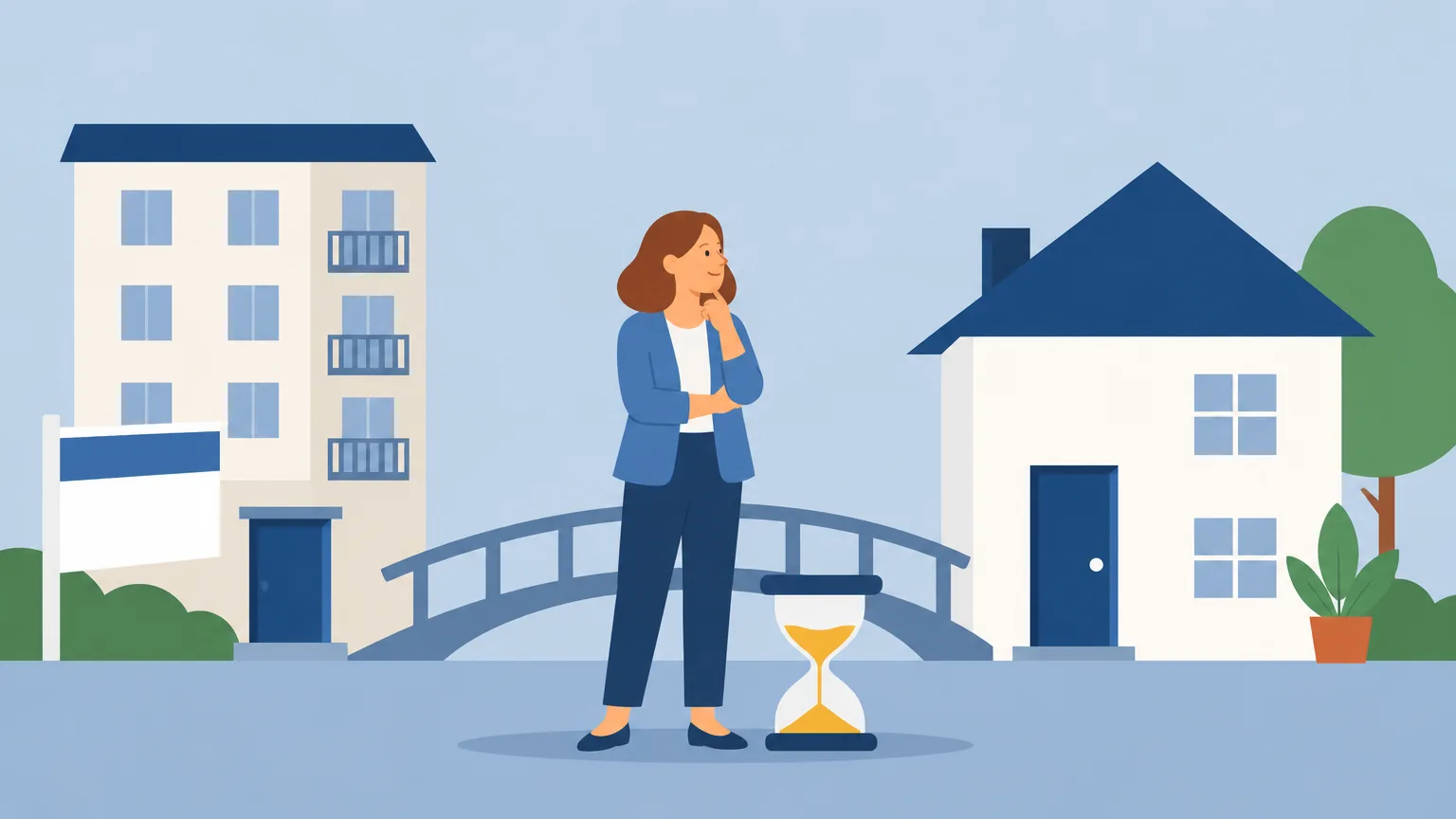Ilustração: a Clara em frente à casa nova, com a casa antiga ainda à venda