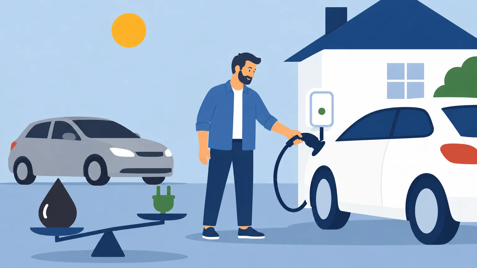 Ilustración: Daniel cargando un coche eléctrico en casa