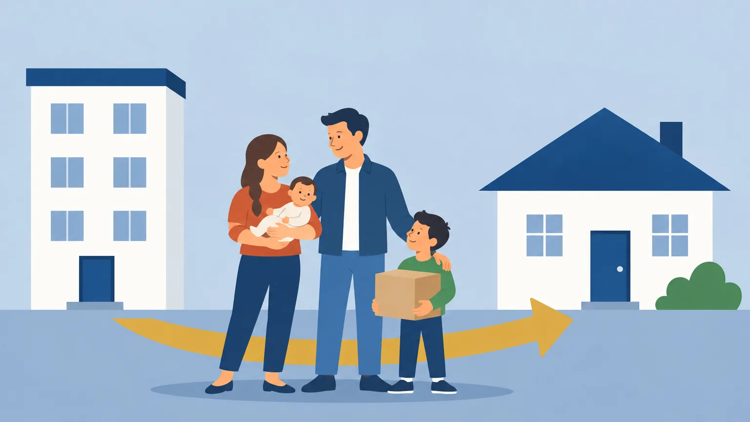 Ilustração: o Frederico e a Rosa entre o apartamento que vendem e a moradia que compram