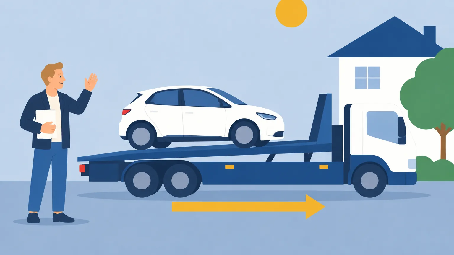 Illustration: a transport truck with an electric car arriving in Portugal, and Hélder waiting