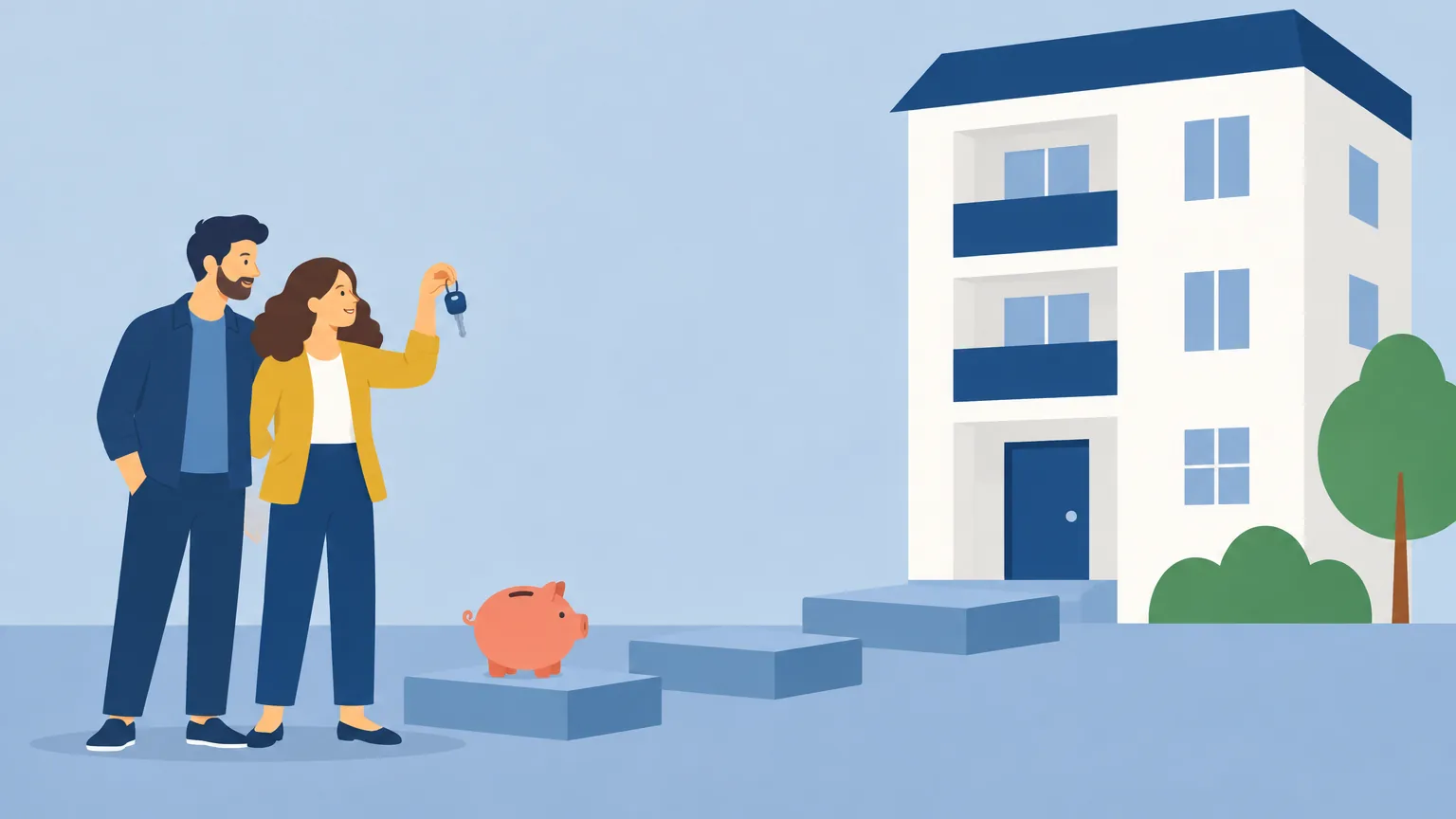 Ilustração: a Íris e o Gustavo com a chave da primeira casa