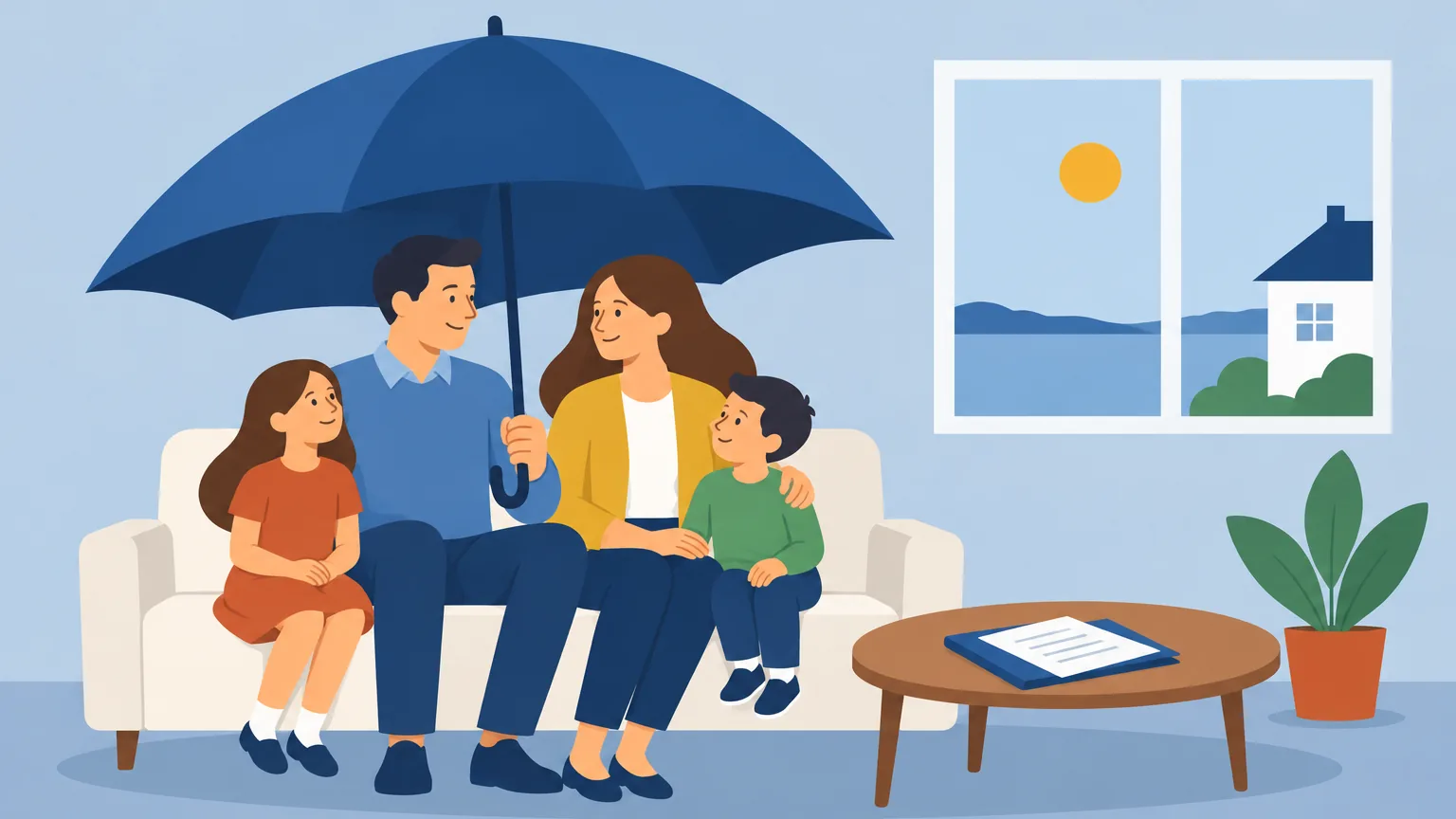 Ilustração: o Jaime no sofá com a mulher e os filhos