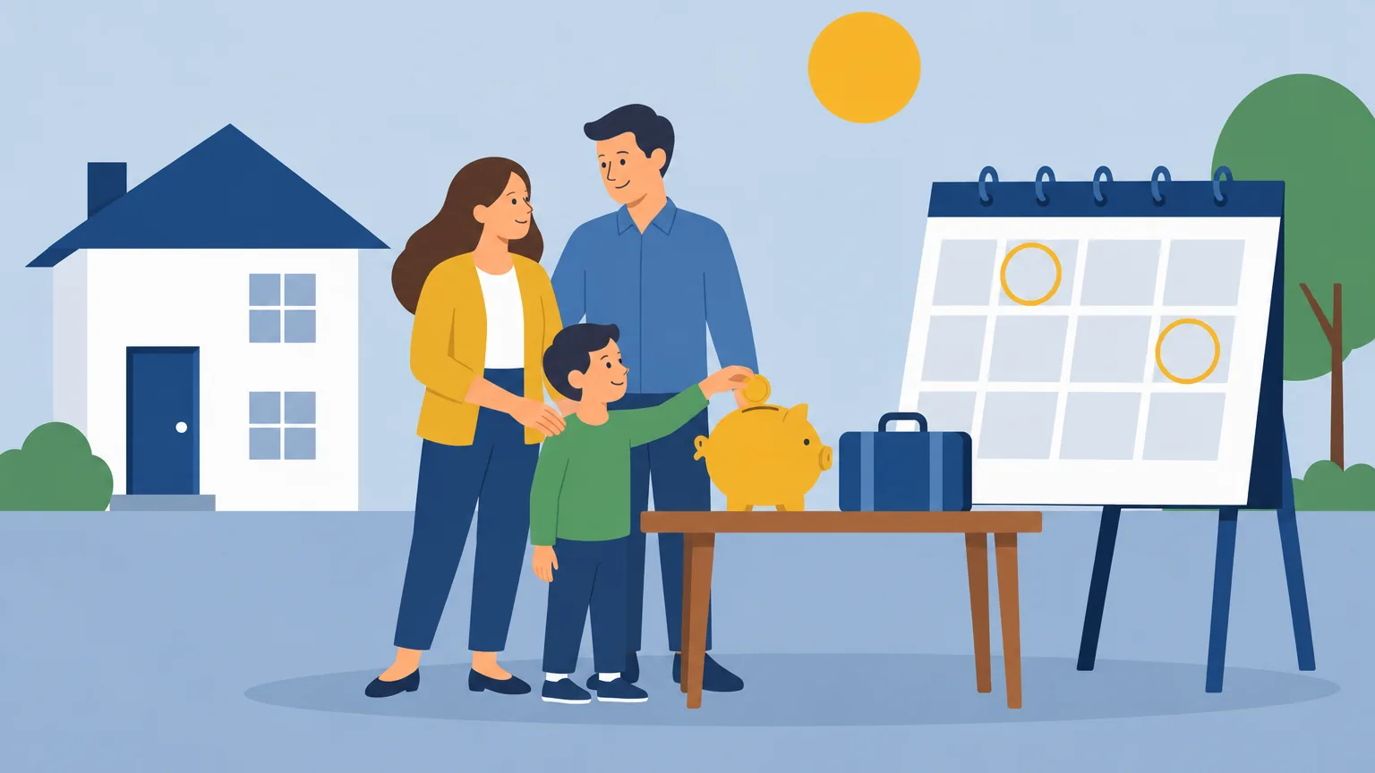 Ilustração de Lara e Henrique com o filho, em frente à casa, com o calendário das despesas do ano