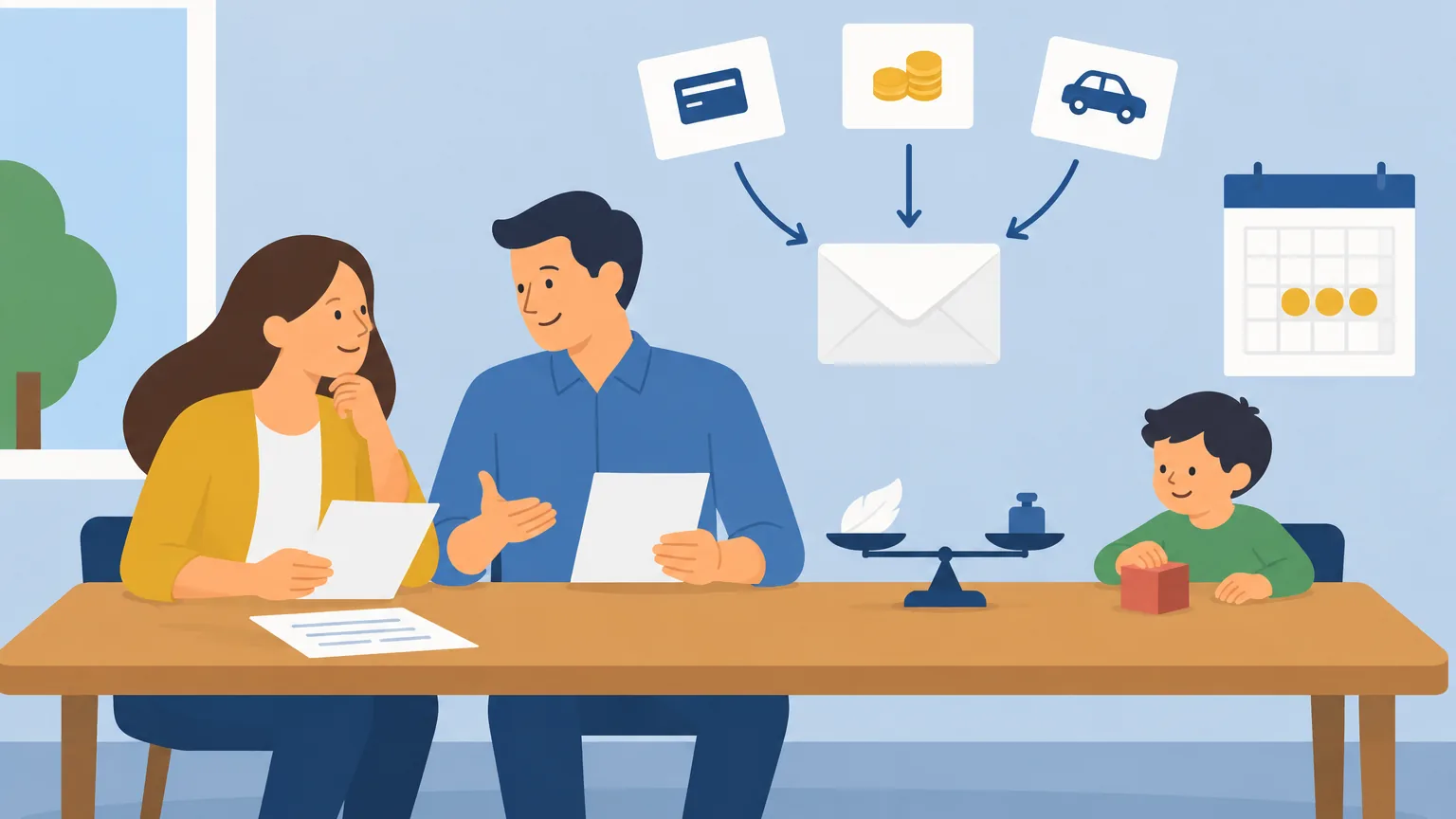 Ilustração da Lívia e do Samuel à mesa da cozinha, com as contas do mês