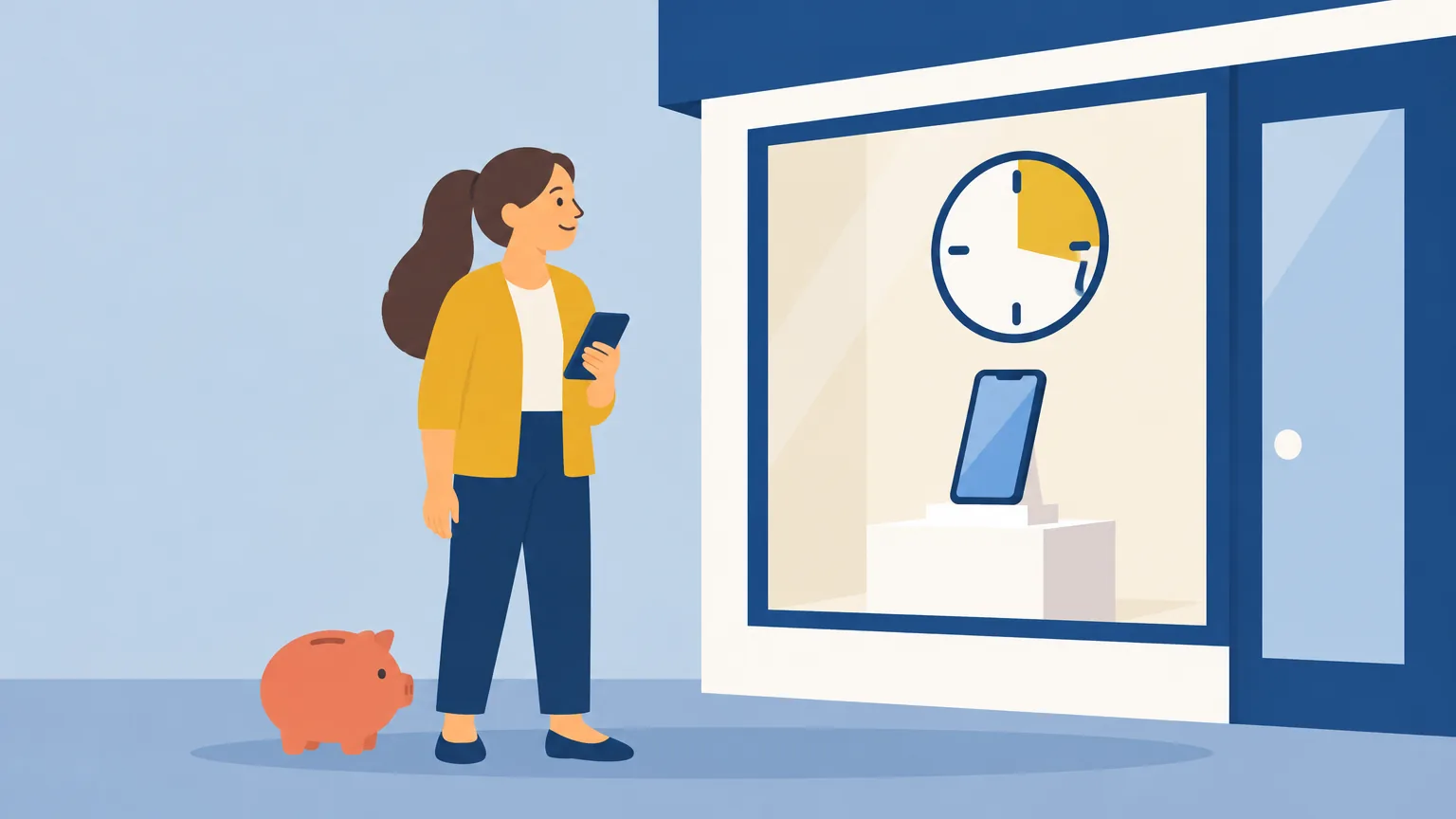Ilustração de Matilde a olhar para um telemóvel novo, com um relógio ao lado