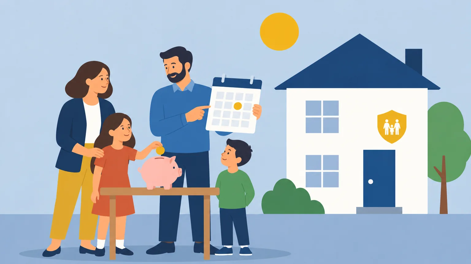 Illustration of Raquel and Fernando with their children in front of the house