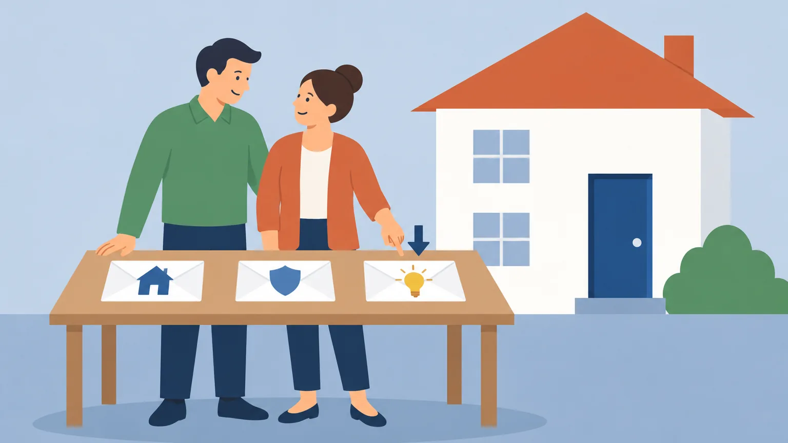 Ilustração: o Simão e a Vera com as faturas da casa