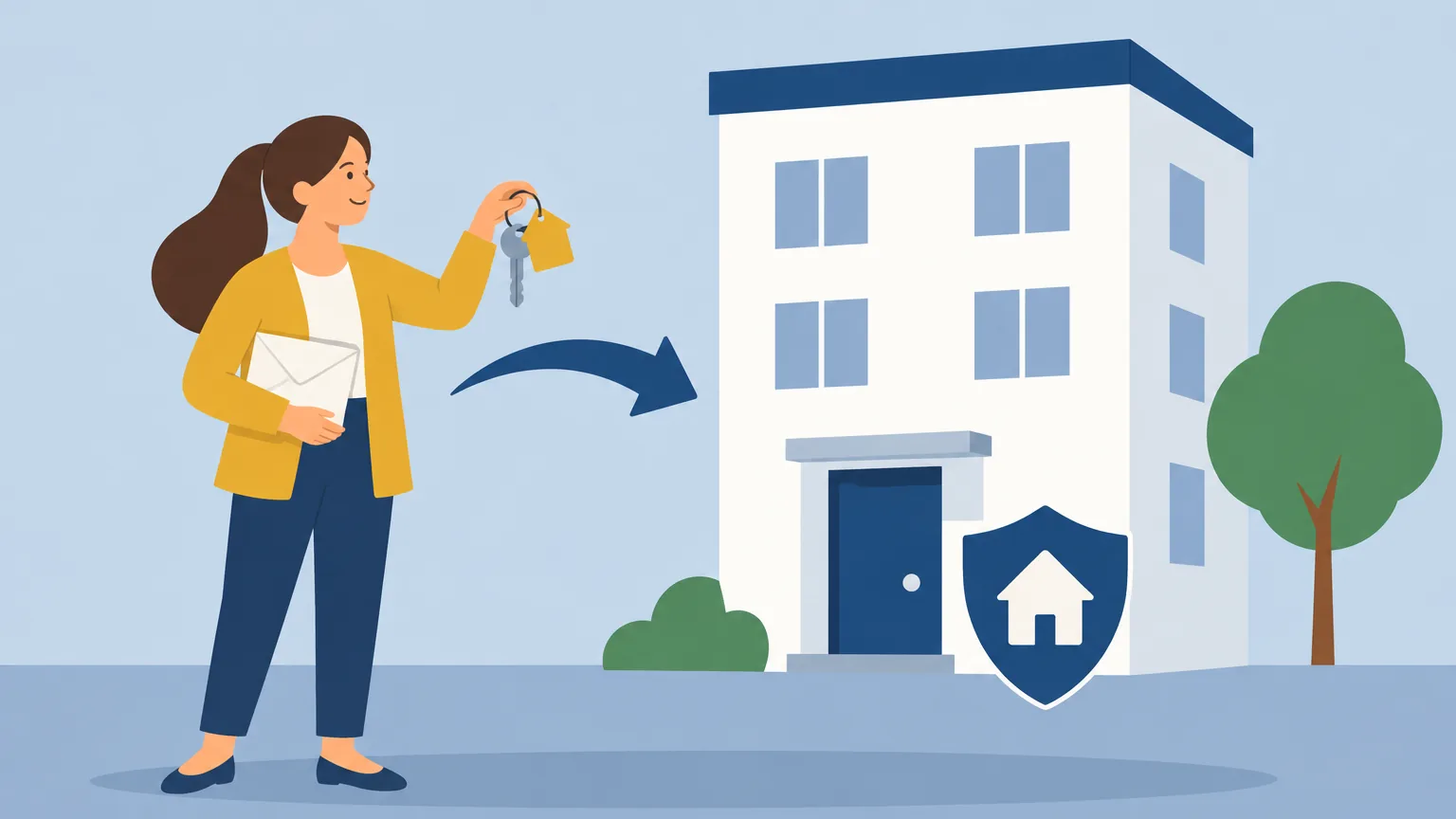 Illustration of Susana with the key to the new house in front of a building