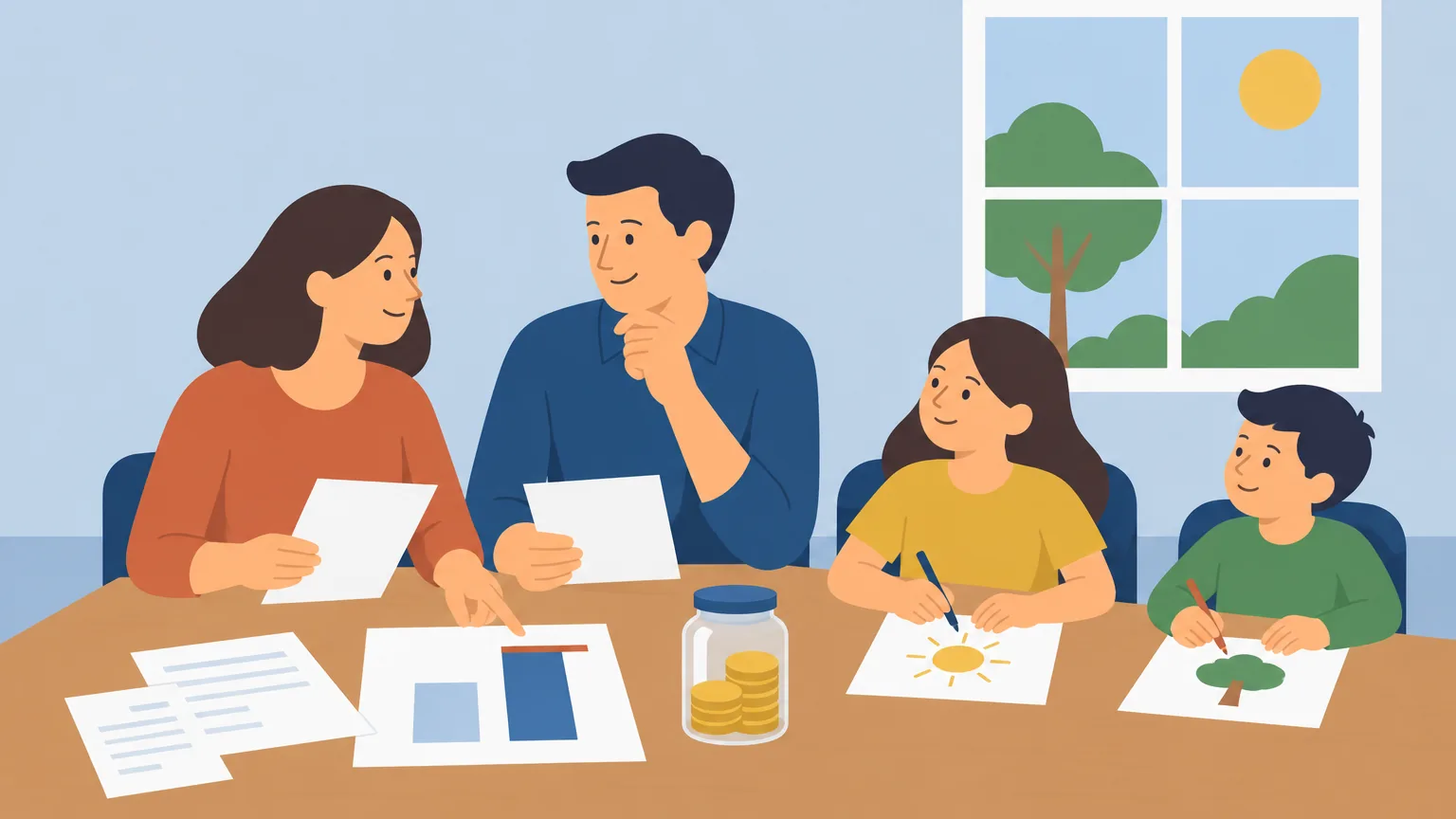 Ilustração: a Telma e o Ivo à mesa da cozinha, com as contas da casa