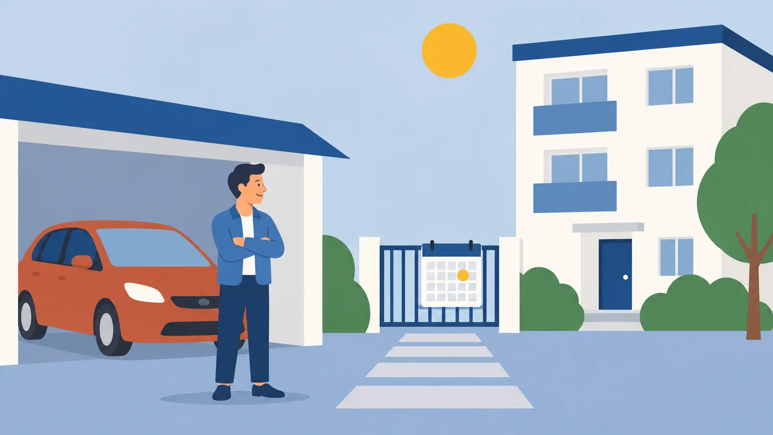 Ilustração: o Xavier com o carro, a olhar para a casa que quer comprar