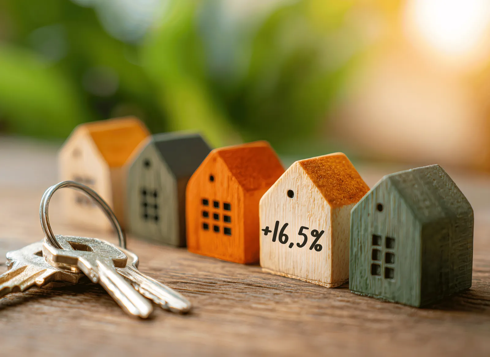 Casas de madeira em miniatura, uma delas com «+16,5%» escrito, e um molho de chaves